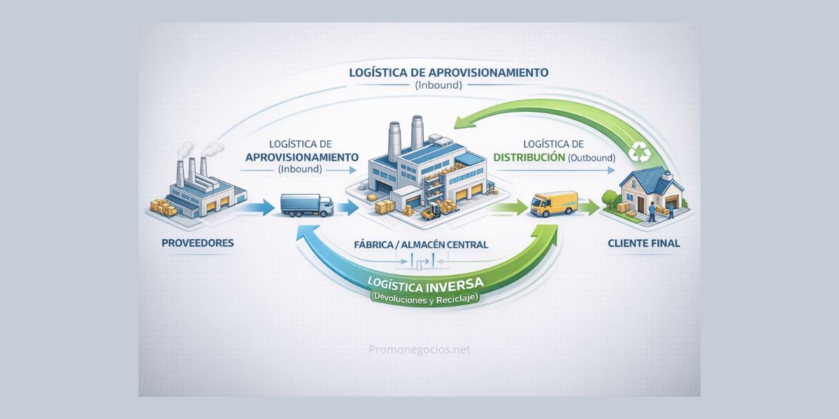 Diagrama de flujo del ciclo logístico completo: Desde el aprovisionamiento hasta la logística inversa (devoluciones)