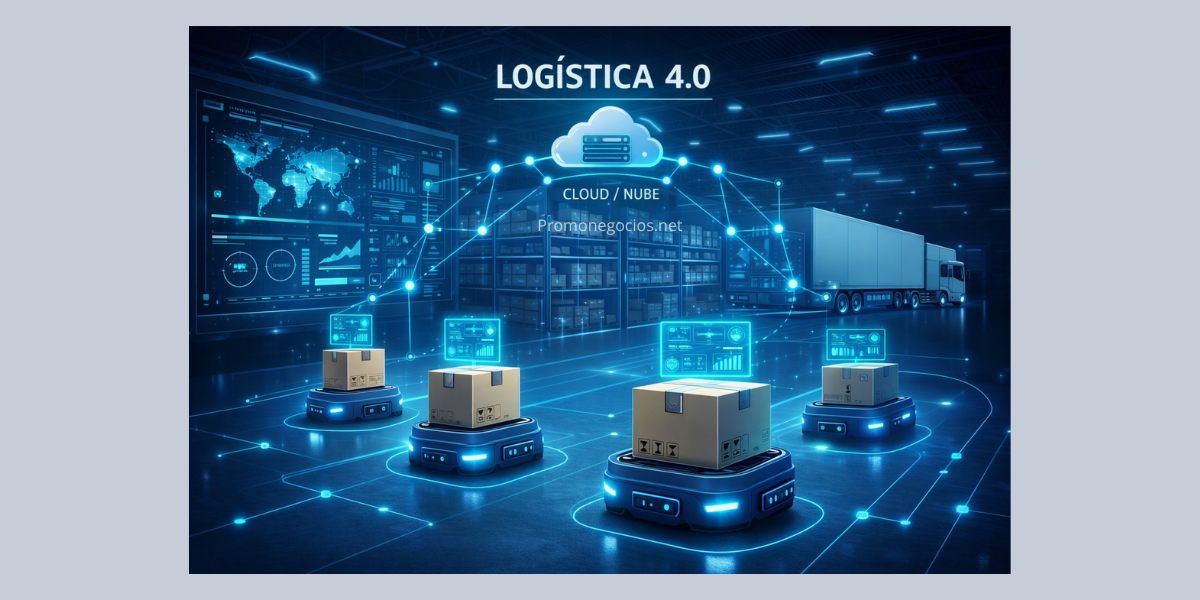 Ilustración de Logística 4.0 mostrando la integración de IoT, IA, Nube y Robótica en un almacén inteligente